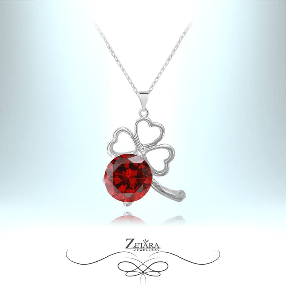 Good Luck Four Leaf Clover Necklace - Ruby - Birthstone for July 2023