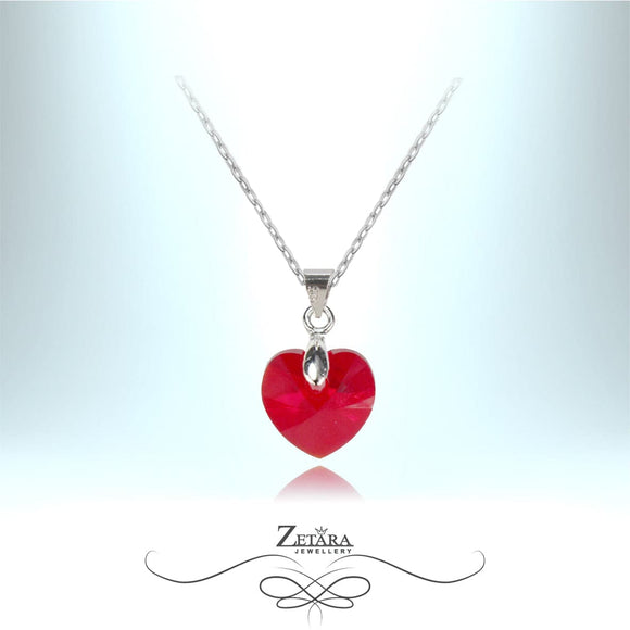Camellia Crystal Heart Silver Necklace - Ruby - Birthstone for July 2023