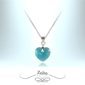Camellia Crystal Heart Silver Necklace - Aquamarine - Birthstone for March 2023