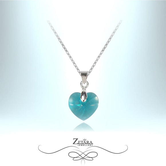 Camellia Crystal Heart Silver Necklace - Aquamarine - Birthstone for March 2023