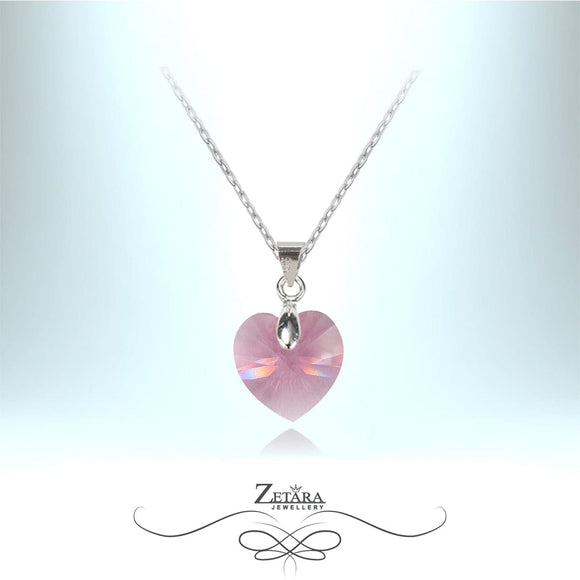 Camellia Crystal Heart Silver Necklace - Light Tourmaline - Birthstone for October 2023
