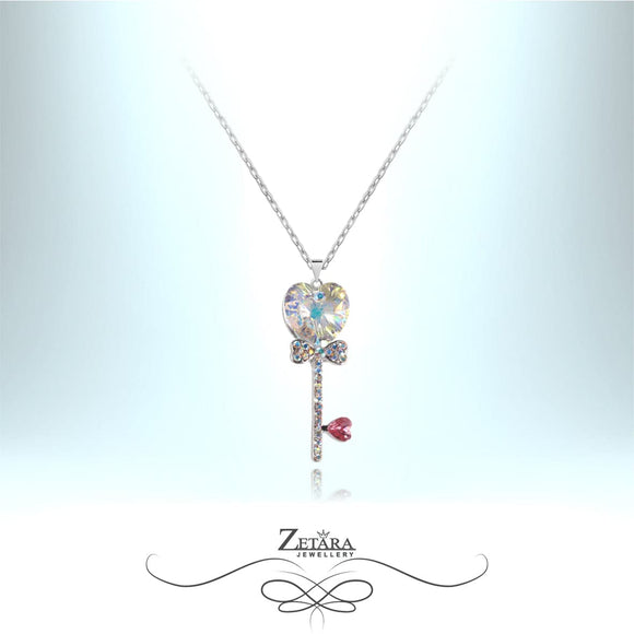 925 Sterling Silver Key Necklace - Multicolor Crystal Hearts 2023