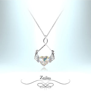 925 Sterling Silver-Crystal Angel Wing Heart Necklace 2023